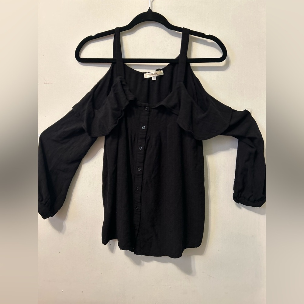 Women’s Black Long Sleeve Cold Shoulder Blouse Size Small - Picture 2 of 10